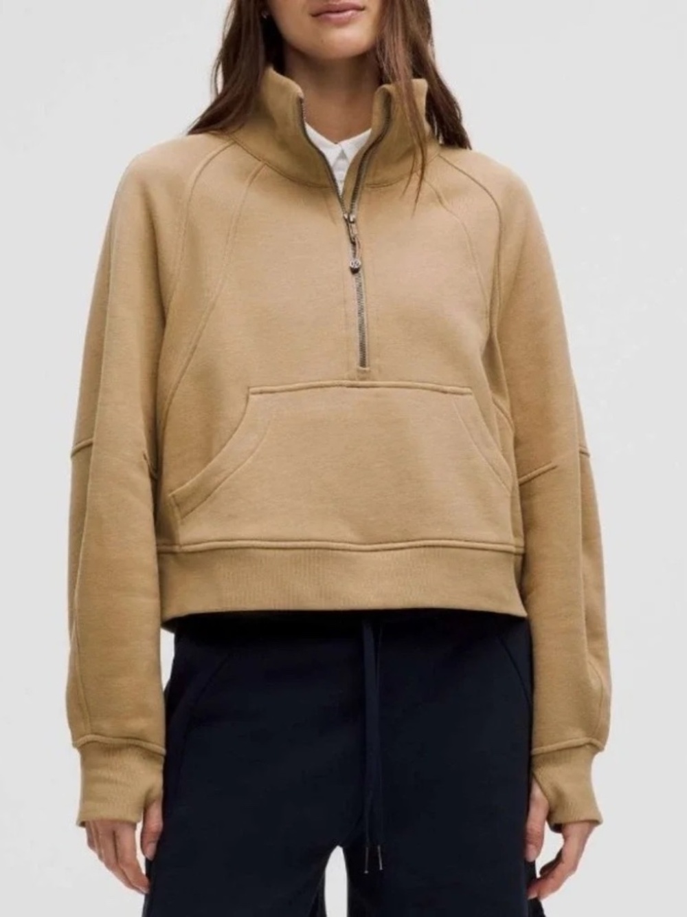 Lululemon Women's Filbert Tan Scuba Oversized Funnel-Neck Half Zip